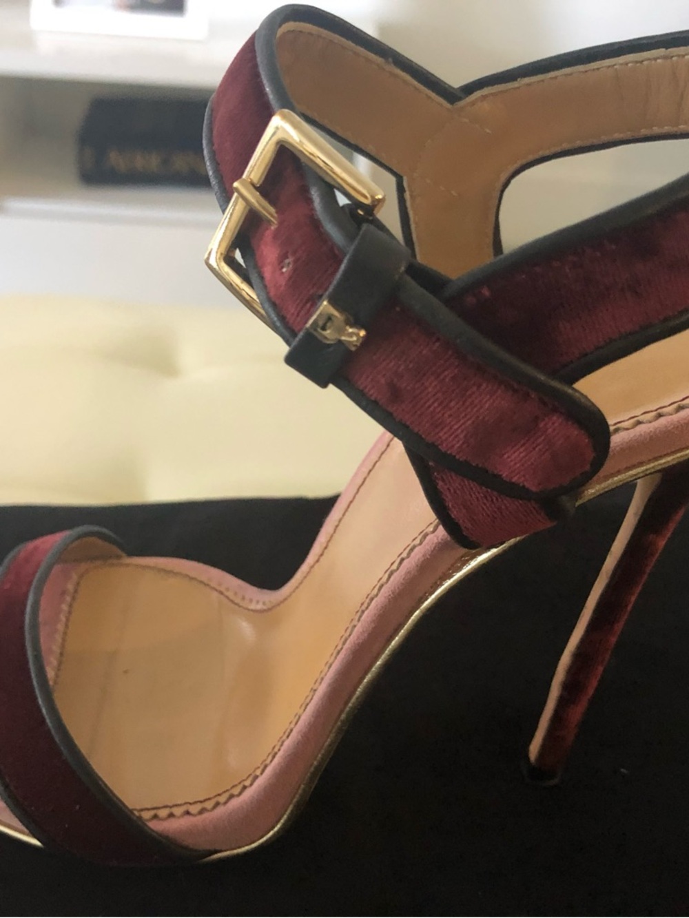 DSQUARED2 Burgundy and Black Velvet Stiletto Sandals with Gold Buckle